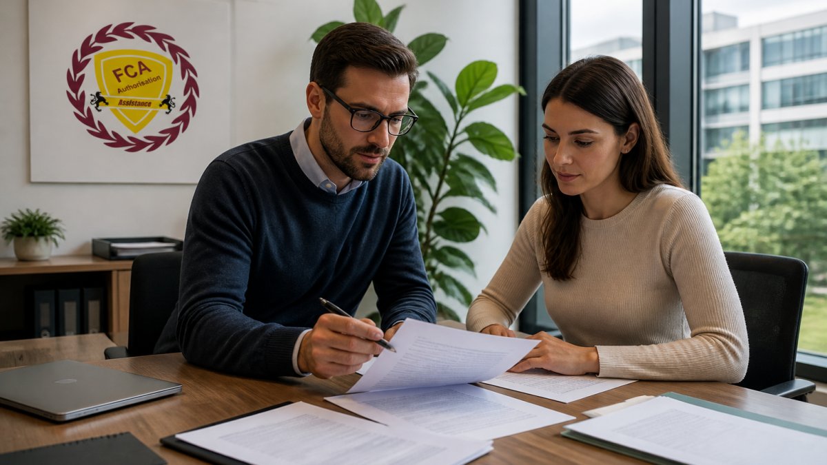 A compliance consultant and fintech founder reviewing FCA compliance documents at a desk in a modern office