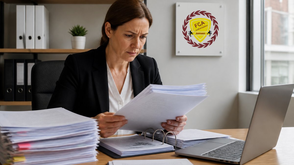A compliance officer reviewing a thick application document with a concerned expression, sitting at a desk with a laptop and regulatory paperwork, natural office lighting